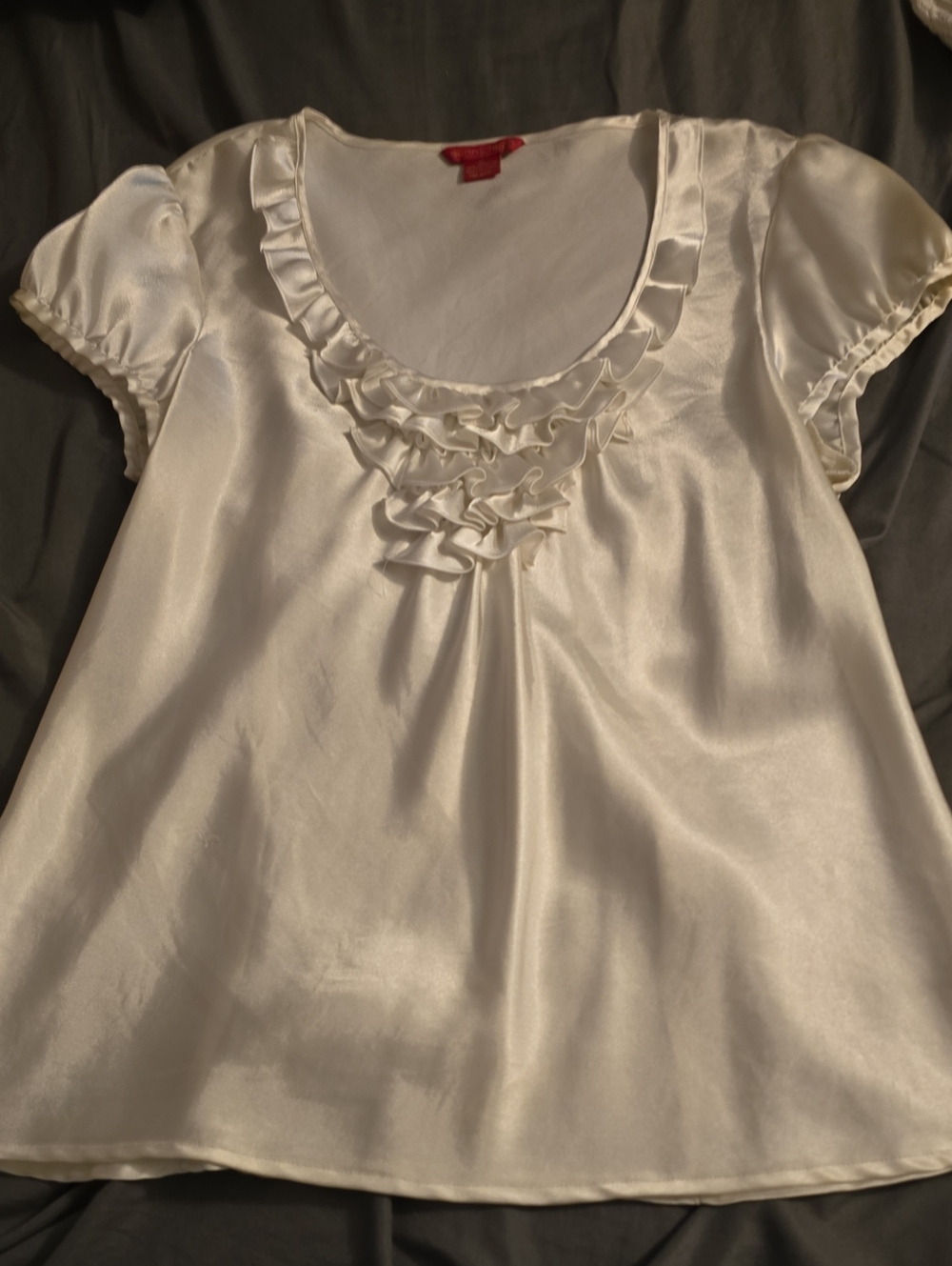 Sunny Leigh Ivory Satin Ruffle-Neck Girls Blouse